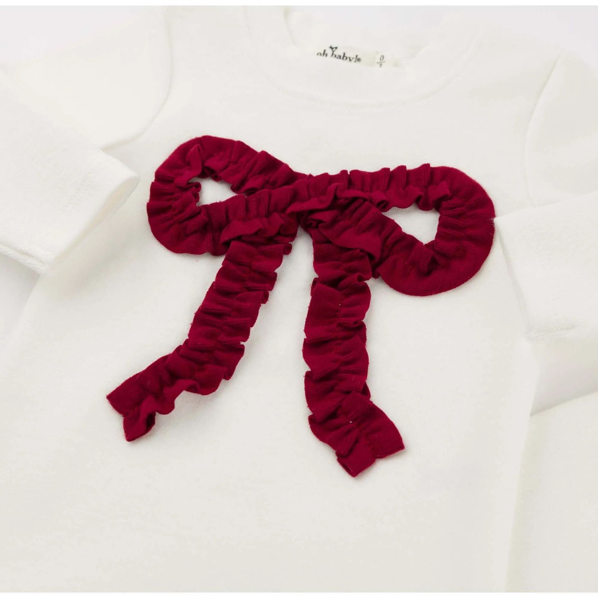 Ruffle Knit Vintage Red Bow Applique L/S 2pc. Set- Cream