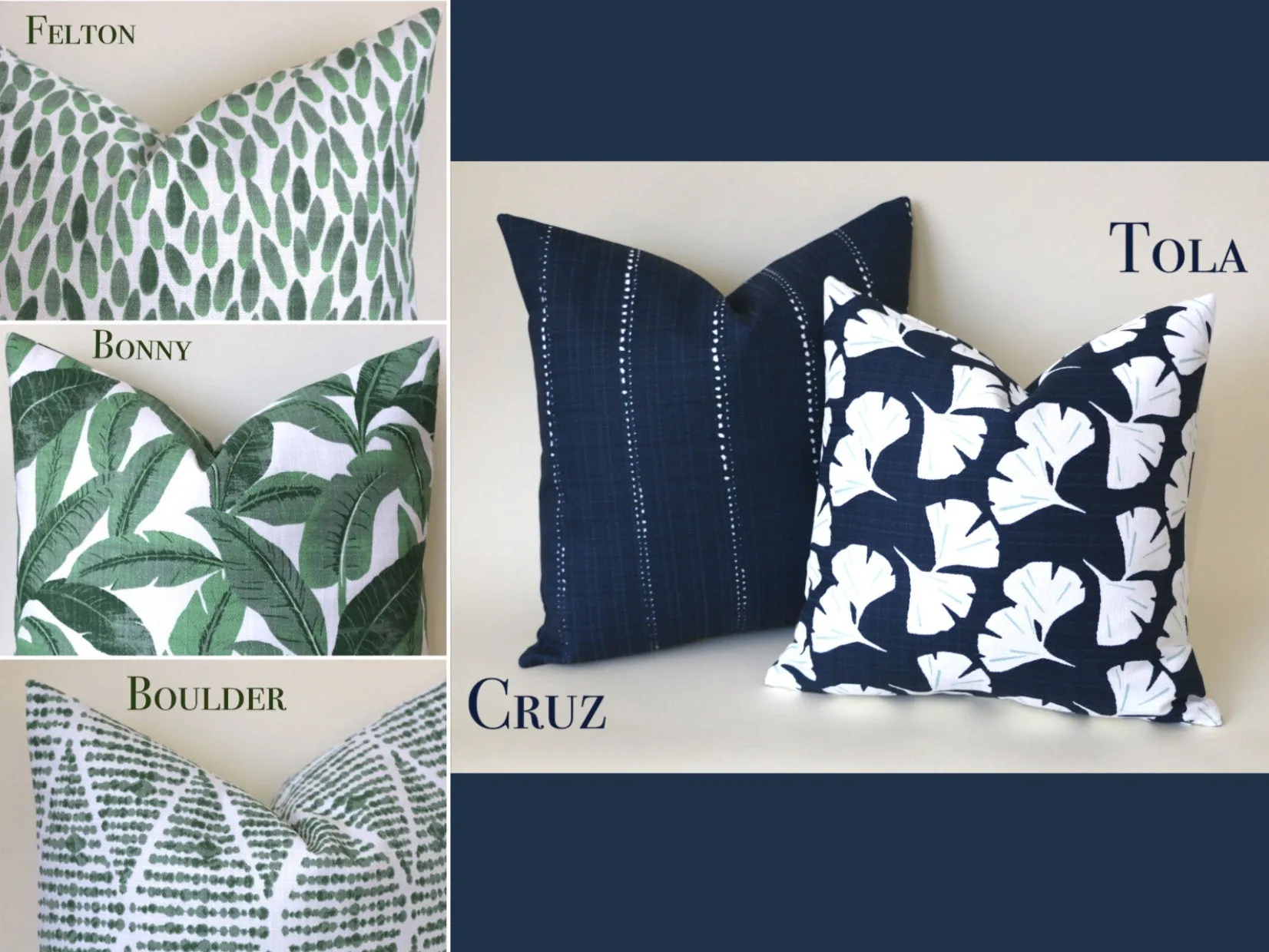 Santa Cruz Collection: Blue and Green Outdoor Pillow Covers / Navy Striped Pillow cover / Green Patio Pillow / Banana Leaf Pillow Cover