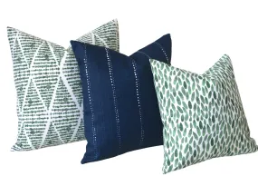 Santa Cruz Collection: Blue and Green Outdoor Pillow Covers / Navy Striped Pillow cover / Green Patio Pillow / Banana Leaf Pillow Cover