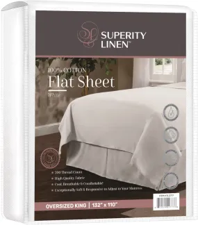 Superity Linen Oversized King Size Flat Sheet for Bed - 100% Cotton - Durable and Comfortable with 200 Thread Count - Soft, Breatheable, and Cozy - (132 X 110)