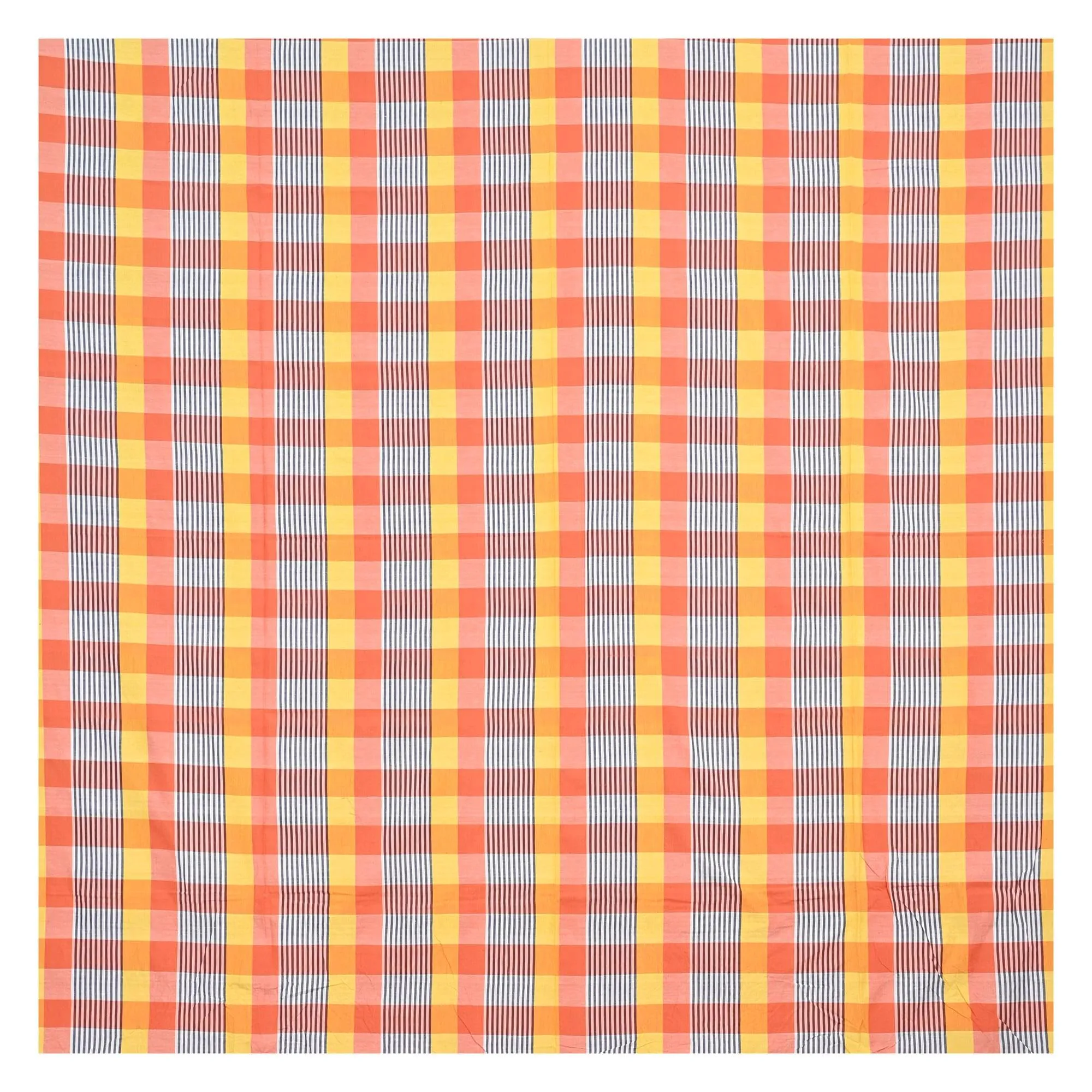 TANTUJA BANGLAR TANTER KAPAR Handloom Cotton Woven Tant Checkered Patterns Yellow & Orange Bedsheet - 2.74x2.29 metres