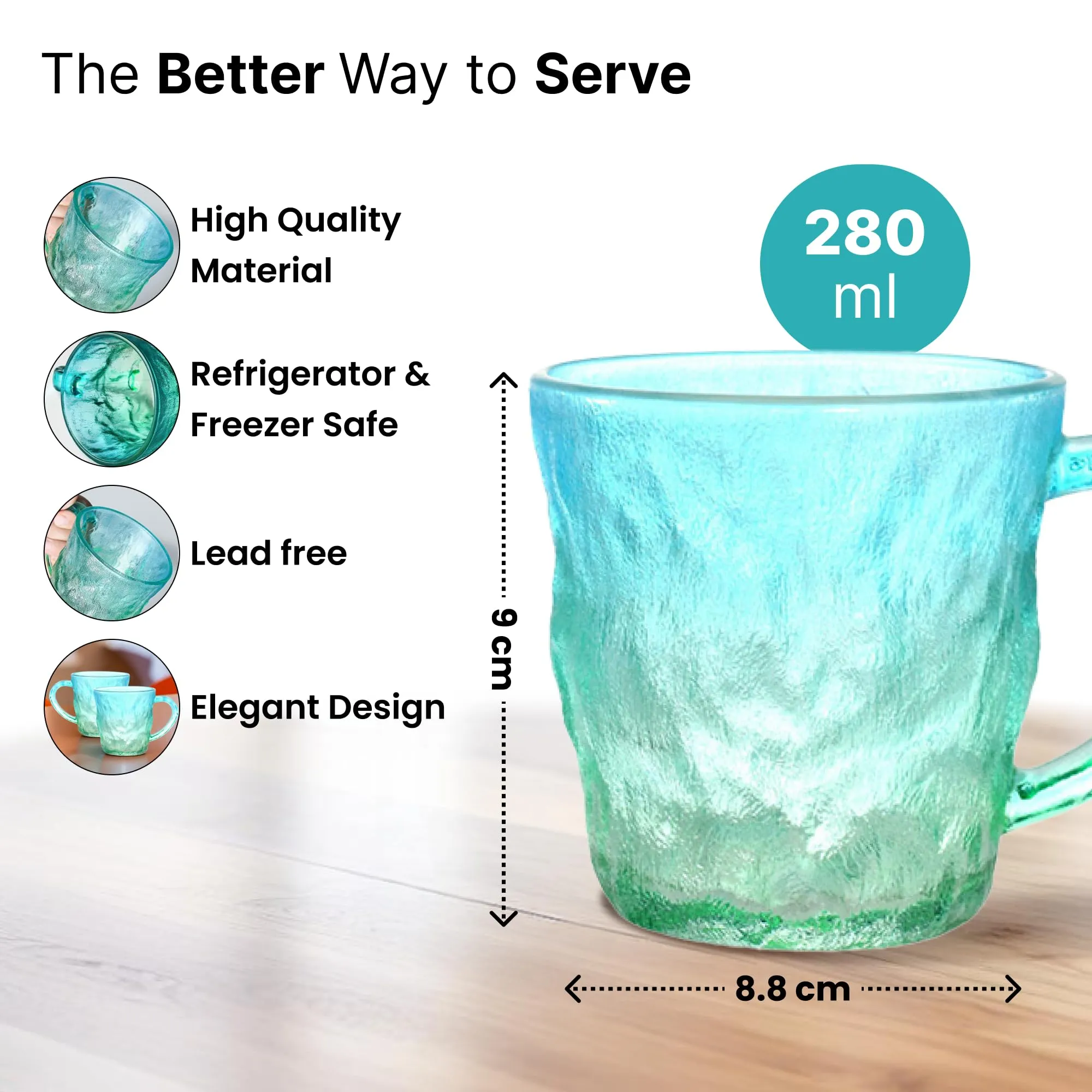 The Better Home Zest Glass Tea Cups (6Pcs-280ml Each) Lead Free Coffee Cup Set | Scratch-Resistance Microwave Safe Coffee Mug Set |House Warming Gifts for New Home | Return Gifts for Women-Blue