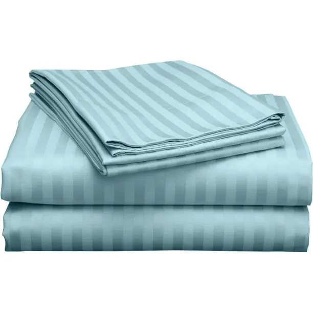 True Luxury 600 Thread Count Egyptian Cotton Sheet Set for QUEEN Size ( 60" x 80" ) Mattress Fits 24-26 Inches Fully Elastic Deep Pocket ( Stripe, Light Blue )