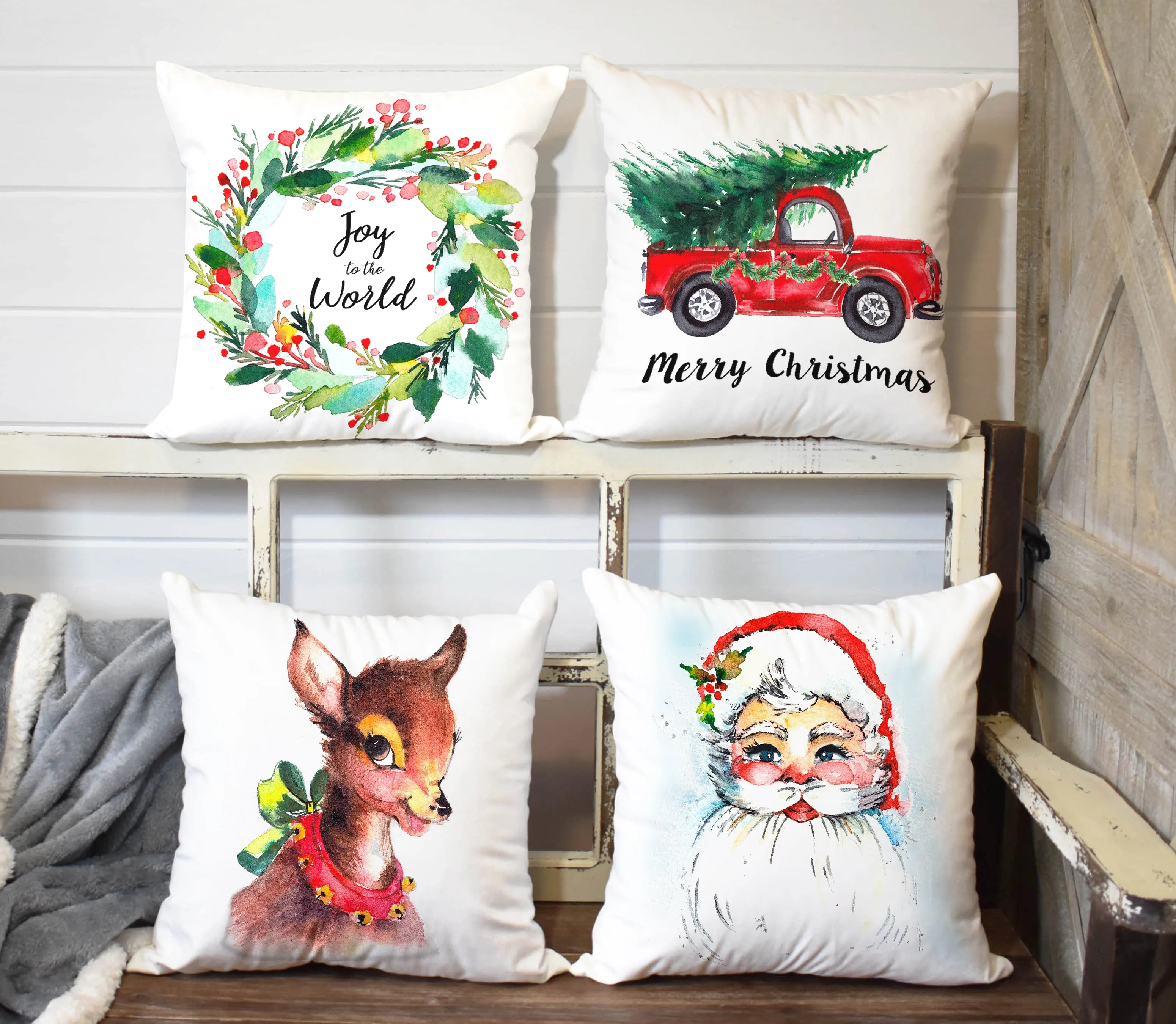 Watercolor Christmas Truck with Fresh Trees-Pillow Cover