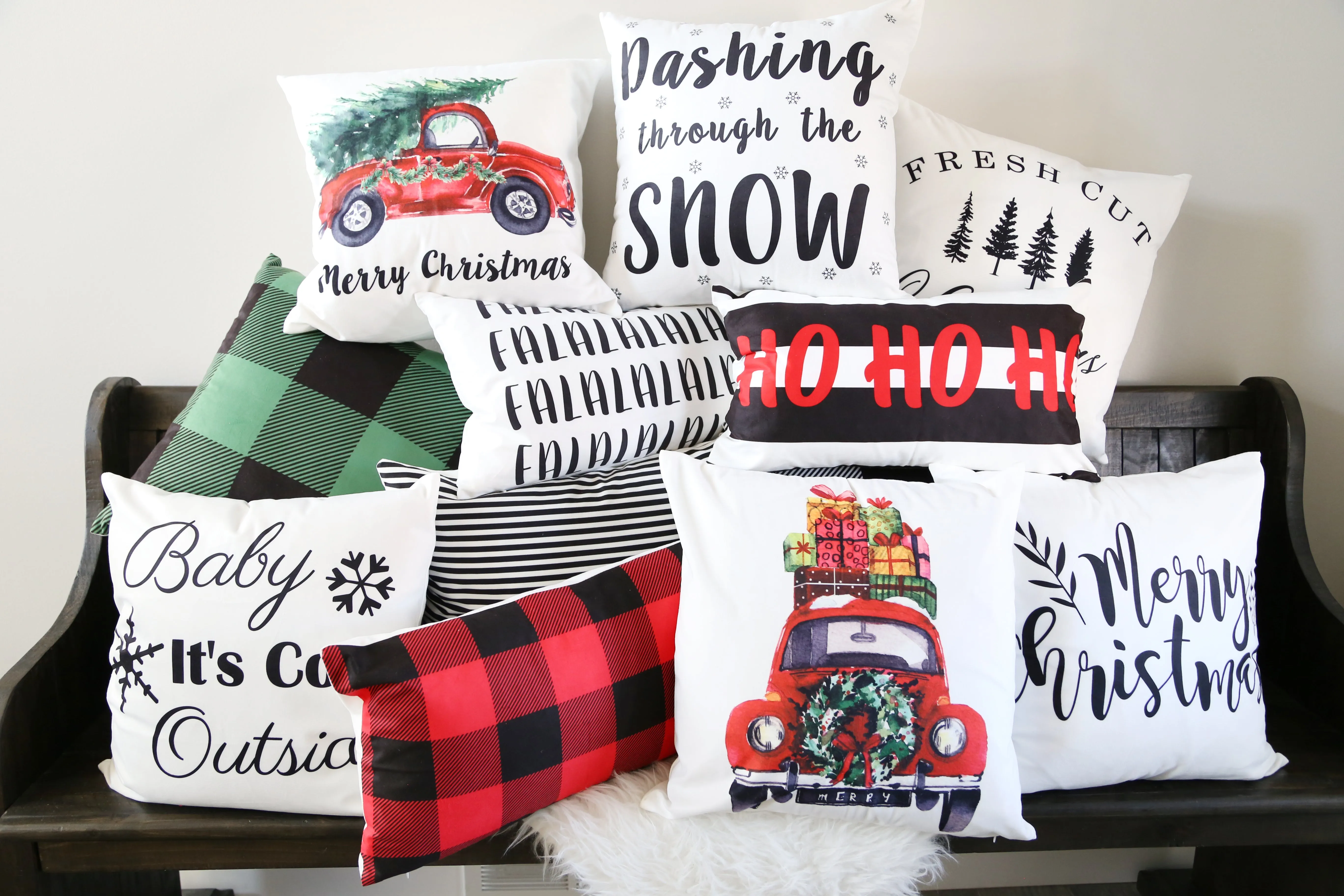 Watercolor Christmas Truck with Fresh Trees-Pillow Cover