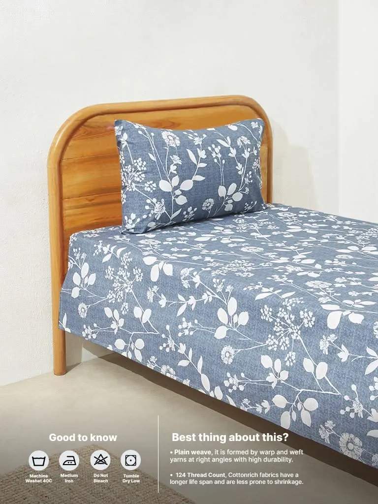 Westside Home Dusty Blue Floral Single Bed Flat Sheet and Pillowcase Set