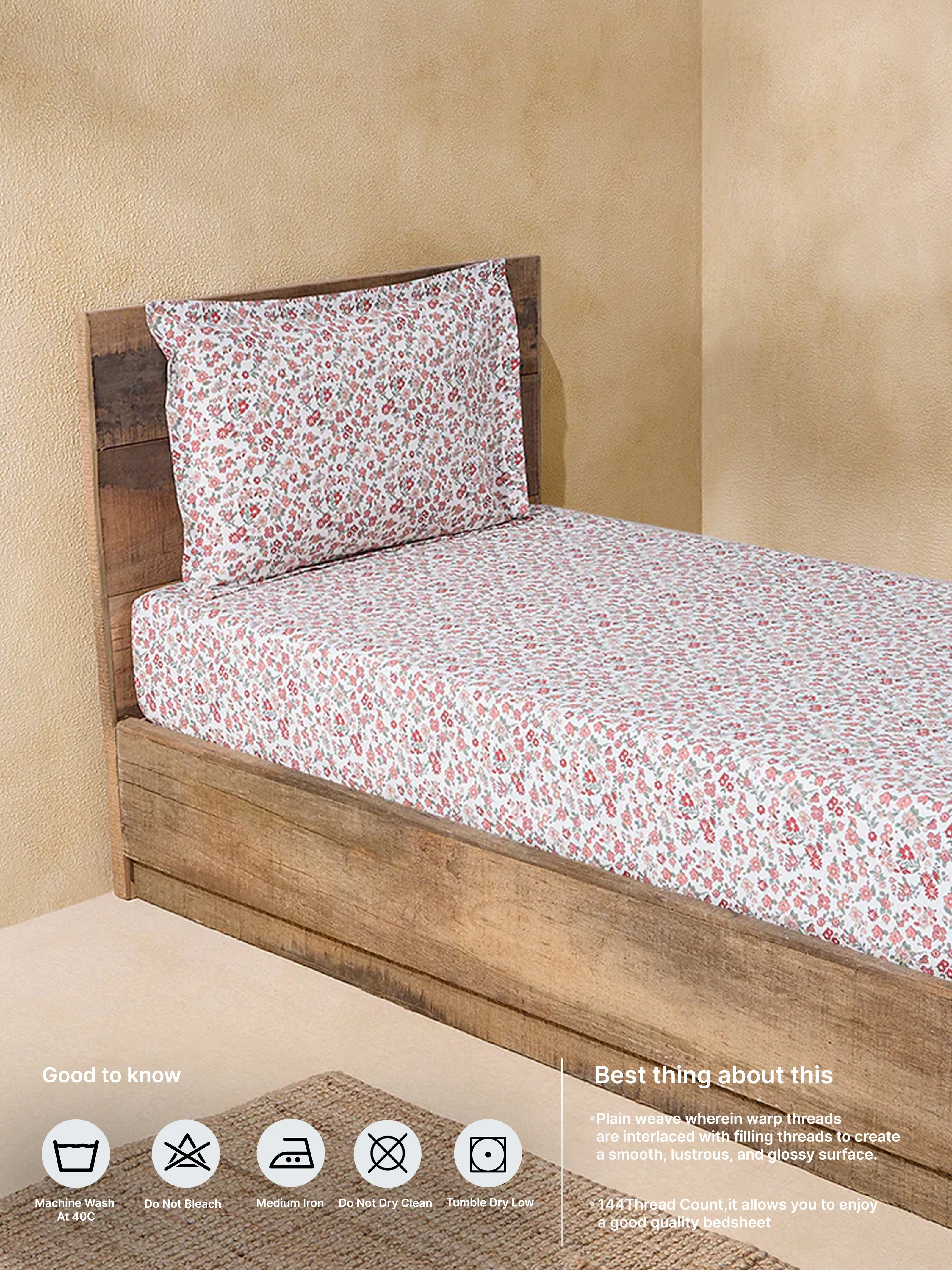 Westside Home Pink Floral Single Bed Fitted Sheet and Pillowcase Set