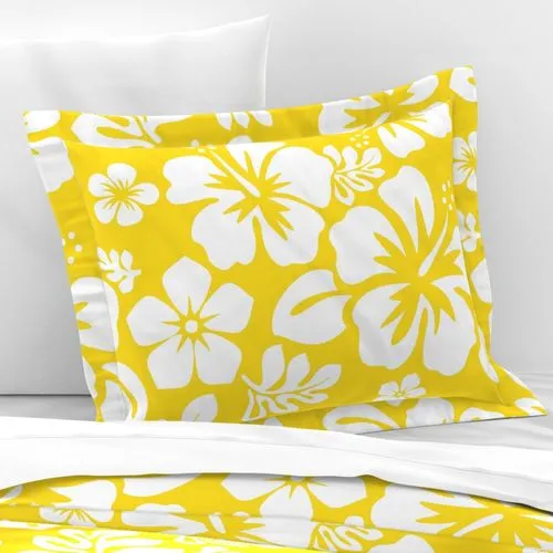 White Hawaiian Hibiscus Flowers on Yellow Pillow Sham