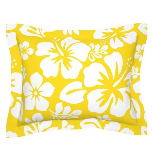 White Hawaiian Hibiscus Flowers on Yellow Pillow Sham