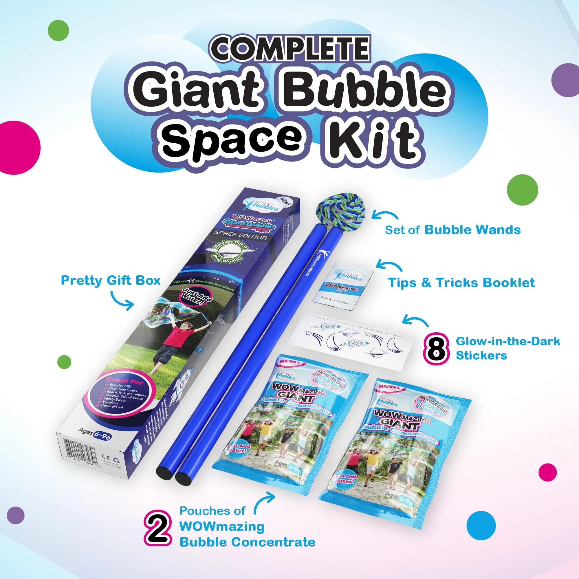 WOWmazing Space Giant Bubble Kit | Wand   2 Packets Bubble Concentrate   8 Stickers