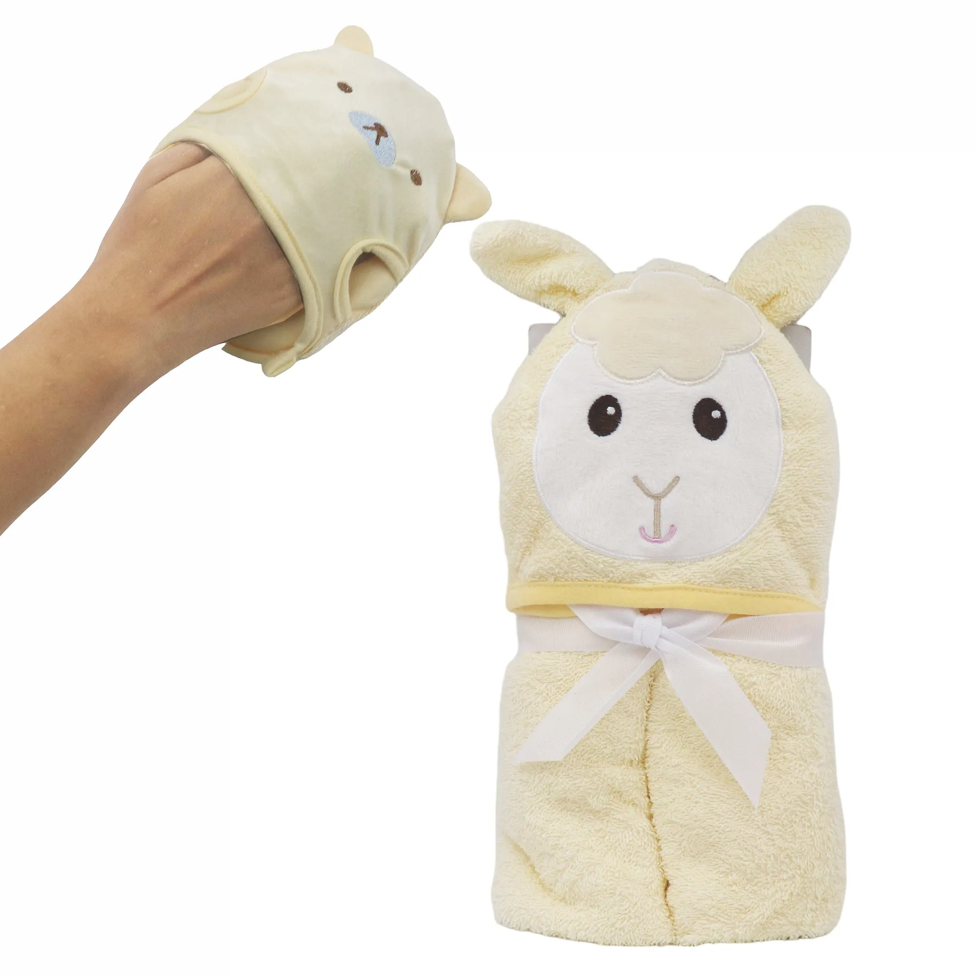 Yellow Sheep Cotton Hooded Baby Bath Towel with Baby Loofah